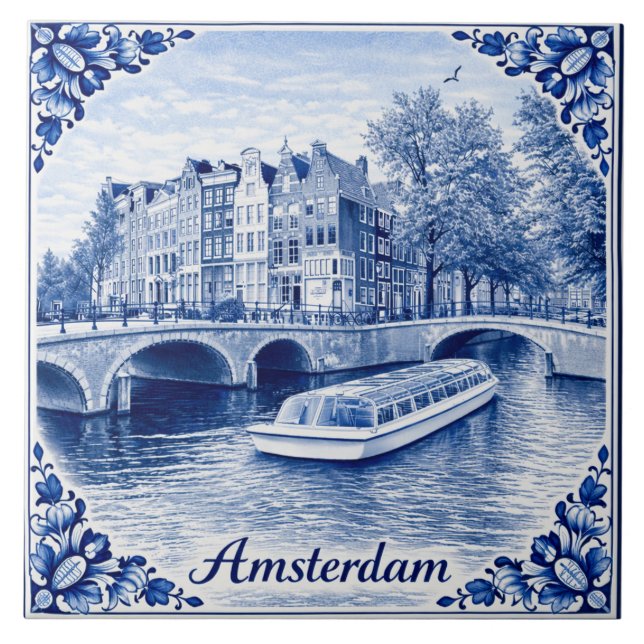 Azulejo De Cerâmica Amsterdam canal houses Delft Blue style tile (Frente)