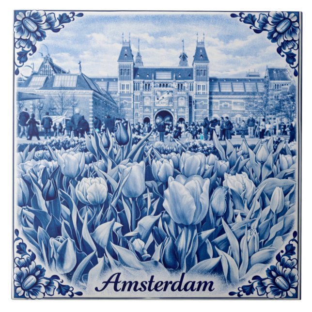 Azulejo De Cerâmica Amsterdam tulips Delft Blue style tile (Frente)