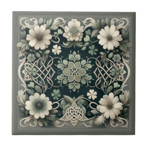 Azulejo De Cerâmica Amuleto Floral Trevo Celta