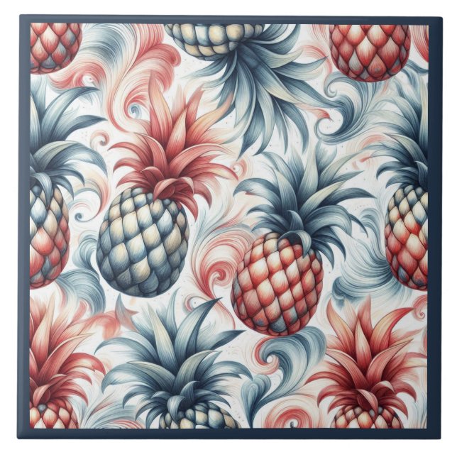 Azulejo De Cerâmica Ananás vermelhos, brancos e azuis (Frente)