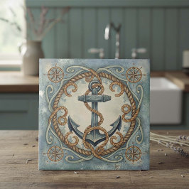 Azulejo De Cerâmica Âncora de Aquarela, Corda & Rosa dos Ventos ID1203