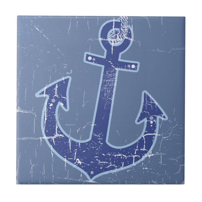 Azulejo De Cerâmica Âncora de vela náutica azul (Frente)