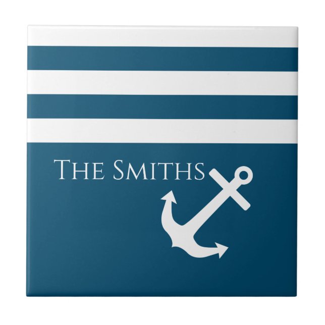 Azulejo De Cerâmica Âncora e faixas mínimas náuticas (Frente)