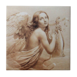 AZULEJO DE CERÂMICA ANGEL JOGANDO LYRA SOBRE AS NUVENS