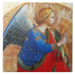 Azulejo De Cerâmica ANGEL NO DOURADO AZUL VERMELHO PELO Natal DE BEATO