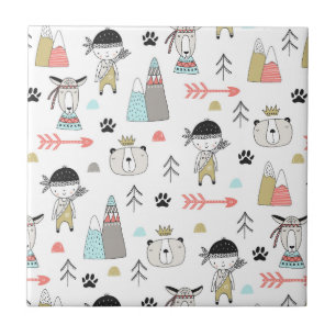 Azulejo De Cerâmica Animais bonitos da floresta & teste padrão indian