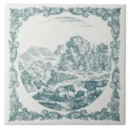Azulejo De Cerâmica Animais da Fazenda Cena Country Vintage Delft Teal