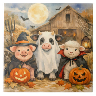 Azulejo De Cerâmica Animais de fazenda de Halloween em aquarela ao lad