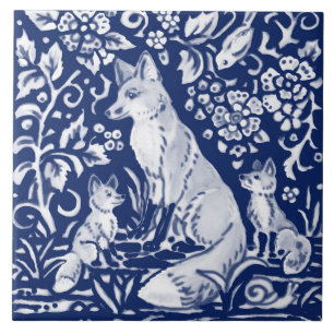 Azulejo De Cerâmica Animais Florais Da Família De Raposa De Cobalto M