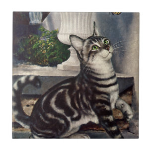 Azulejo De Cerâmica Animais Vintage, Gato De Gato Gato E Borboleta