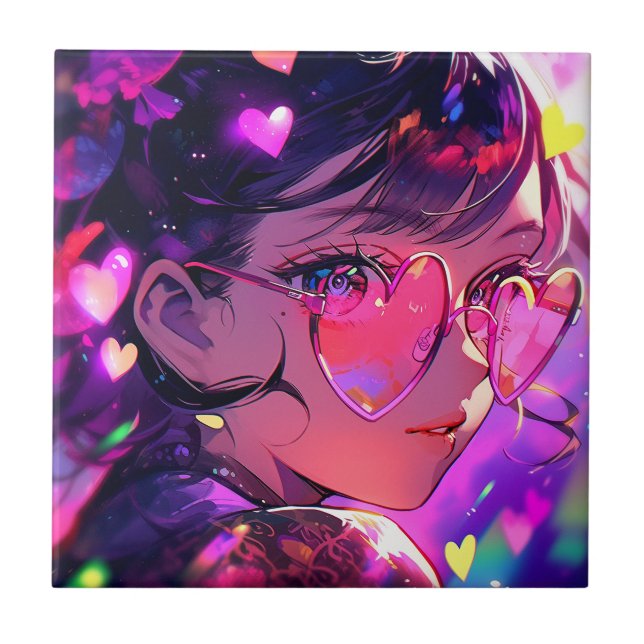 Azulejo De Cerâmica Anime Girl Hearts (Frente)