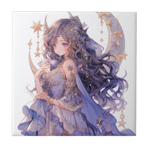 Azulejo De Cerâmica Anime Girl Purple Moon Princess Fantasy Art