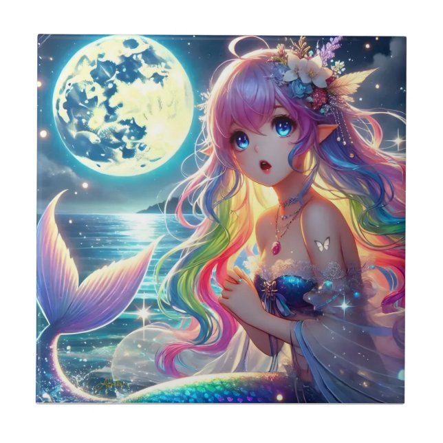 Azulejo De Cerâmica Anime Girl Singing Moonlight Pixie Rainbow Mermaid (Frente)