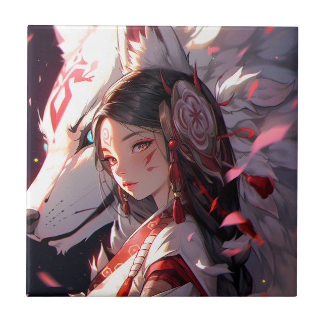 Azulejo De Cerâmica Anime Kitsune Girl Cute Fox Fantasy Art (Frente)
