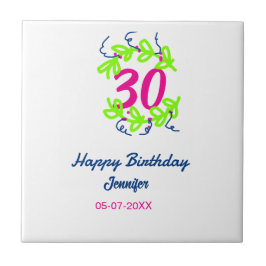 Azulejo De Cerâmica aniversário de 30 anos verde azul wreath name date