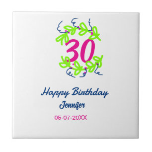 Azulejo De Cerâmica aniversário de 30 anos verde azul wreath name date