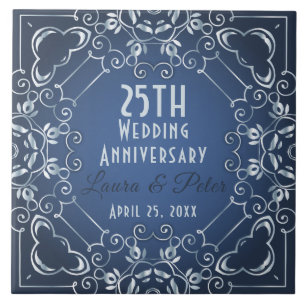 Azulejo De Cerâmica Aniversário de Casamento de Silver e Azul Clássico