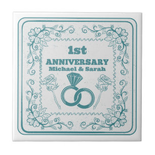 Azulejo De Cerâmica Aniversário de casamento floral personalizável ano