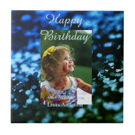 Azulejo De Cerâmica Aniversário de criança de fotos azul verde-brilhan