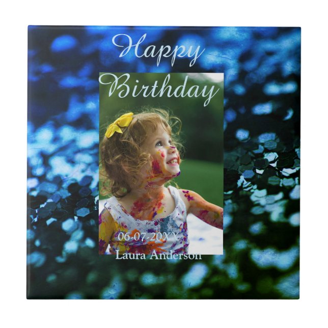 Azulejo De Cerâmica Aniversário de criança de fotos azul verde-brilhan (Frente)