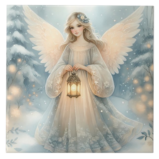 Azulejo De Cerâmica Anjo Celestial de Inverno Lanterna da Graça (Frente)