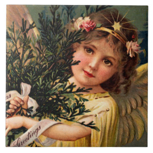 Azulejo De Cerâmica Anjo com um Braçado de Verde de Natal