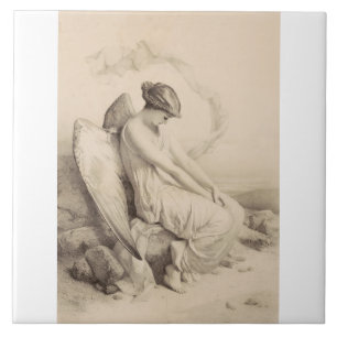 Azulejo De Cerâmica Anjo cristão sentado numa pedra