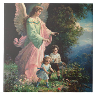 Azulejo De Cerâmica Anjo da guarda protegendo crianças perto de uma sa