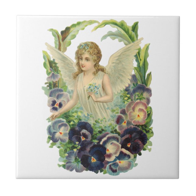 Azulejo De Cerâmica Anjo da Páscoa Vitoriano com Flores de Violeta Rox (Frente)