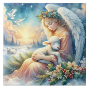 Azulejo De Cerâmica Anjo de Natal com Cordeiro em Paz Invernal