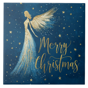 Azulejo De Cerâmica Anjo de Natal Dourado sobre Azul Estrelado