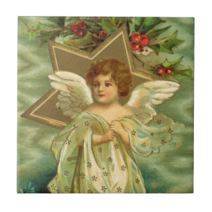 Azulejo De Cerâmica Anjo de Natal Vitoriano com Estrela Dourada Vintag