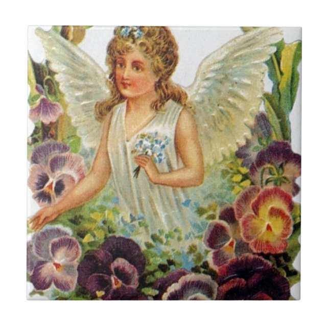 Azulejo De Cerâmica Anjo do Victorian com flores (Frente)