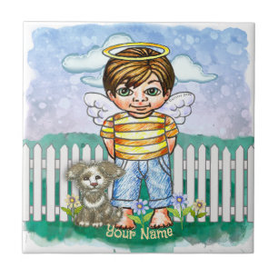 Azulejo De Cerâmica Anjo Menino e Cachorro 