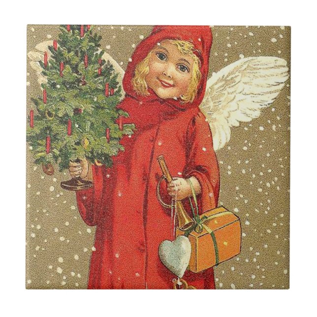 Azulejo De Cerâmica Anjo Querubim Árvore de Natal Neve (Frente)