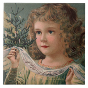 Azulejo De Cerâmica Anjo segurando uma minúscula árvore de Natal ilumi