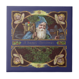Azulejo De Cerâmica Anjos de Papai Noel Vitorianos Azul Natal Arte Ant