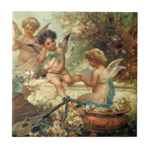 Azulejo De Cerâmica Anjos Músicos por Hans Zatzka, Arte Fino Vitoriano