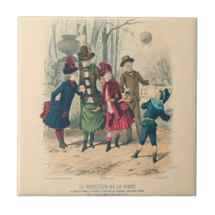 Azulejo De Cerâmica Antigo Jogo de Bola de Crianças Vitorianas de 1880