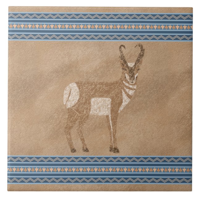Azulejo De Cerâmica Antílope de Pronghorn Sudoeste com Fronteira Geomé (Frente)