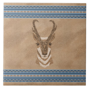 Azulejo De Cerâmica Antílope de Pronghorn Sudoeste com Fronteira Geomé