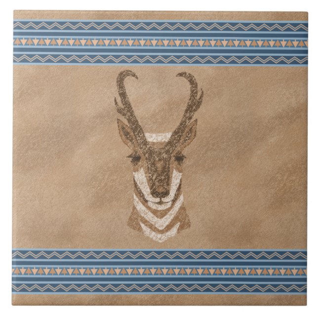 Azulejo De Cerâmica Antílope de Pronghorn Sudoeste com Fronteira Geomé (Frente)
