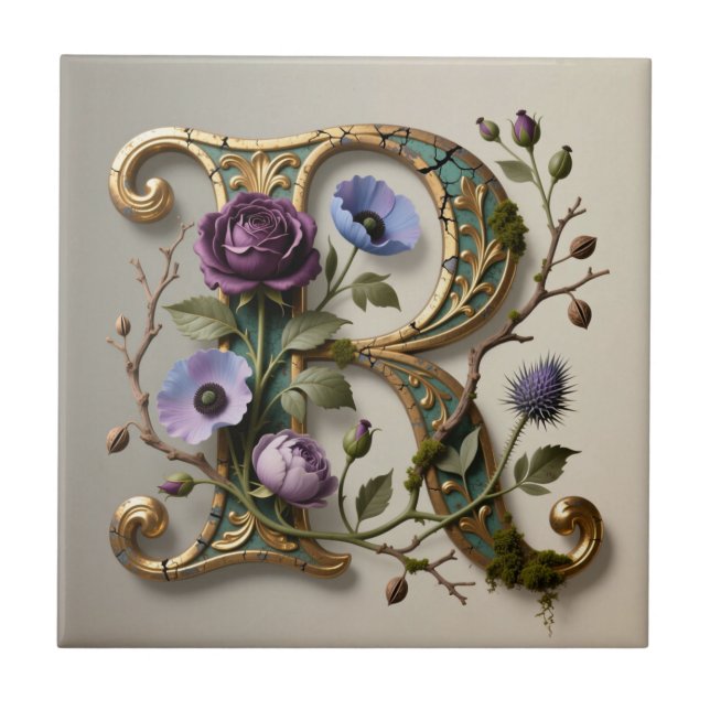 Azulejo De Cerâmica Antique Floral Gold Letter R Monogram (Frente)
