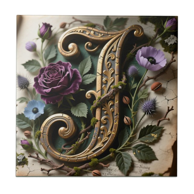 Azulejo De Cerâmica Antique Floral Gold Patina Letter J (Frente)
