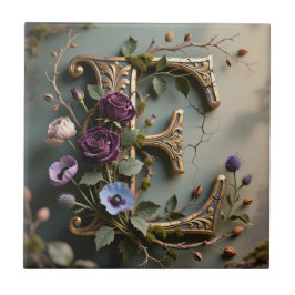 Azulejo De Cerâmica Antique Floral Gold Teal Letter E