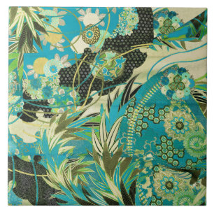 Azulejo De Cerâmica ANTIQUE FLORES JAPONESAS Aqua Azul Floral Verde