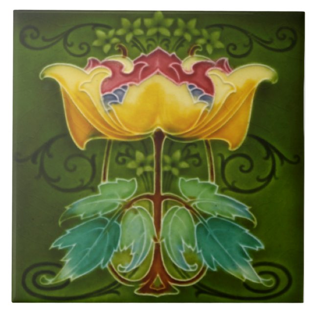 Azulejo De Cerâmica Antique Rhodes c1900 Art Nouveau Majolica Floral (Frente)