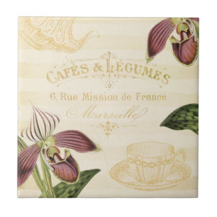 Azulejo De Cerâmica Anúncio francês do café do vintage com orquídeas