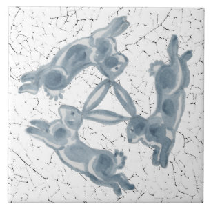 Azulejo De Cerâmica Aparência Azul e Branca com Três Coelhos de Leit