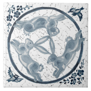 Azulejo De Cerâmica Aparência Azul e Branca com Três Coelhos de Leitur